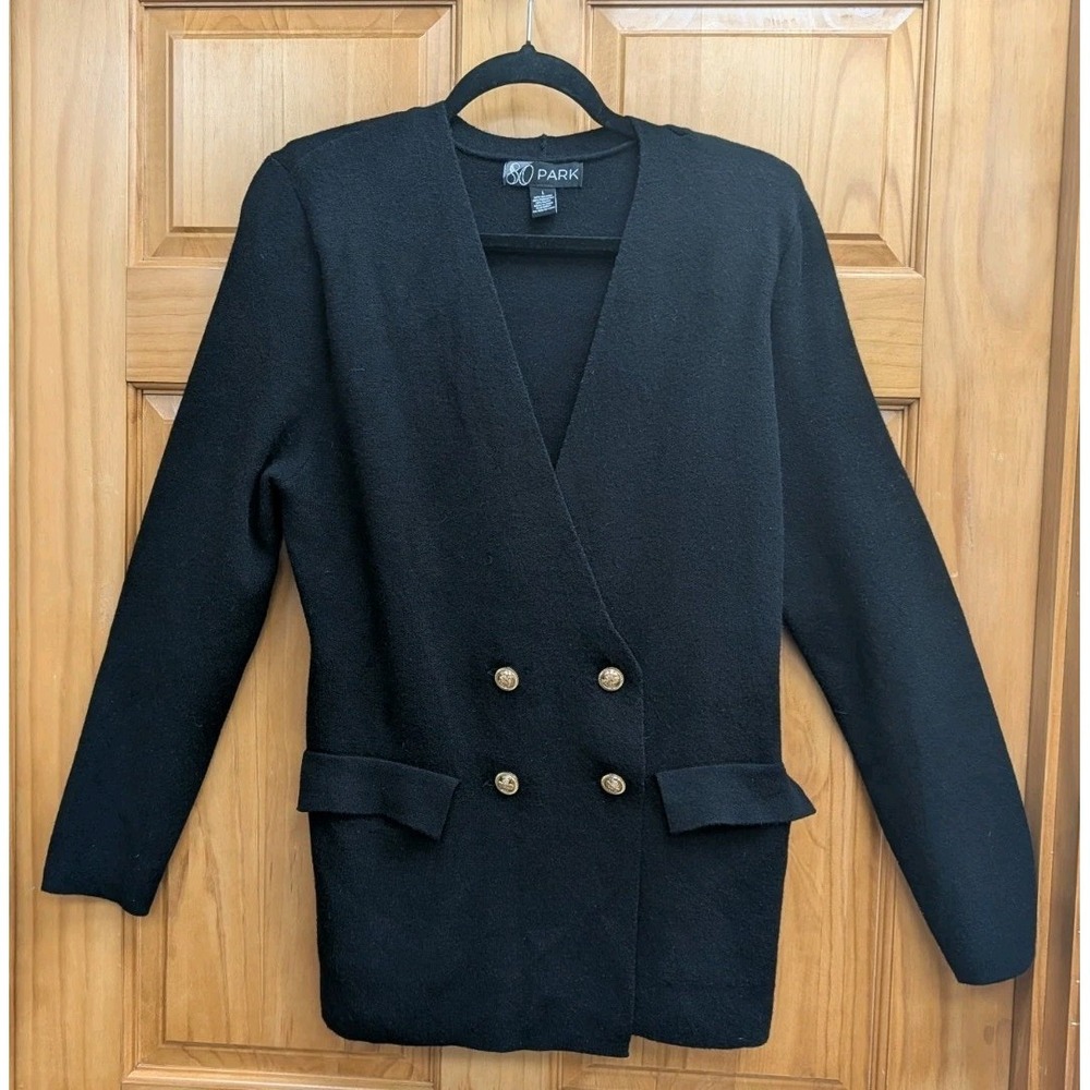80 Park Women's Large Sweater Jacket Double Breasted Long Sleeves Shoulder Pads